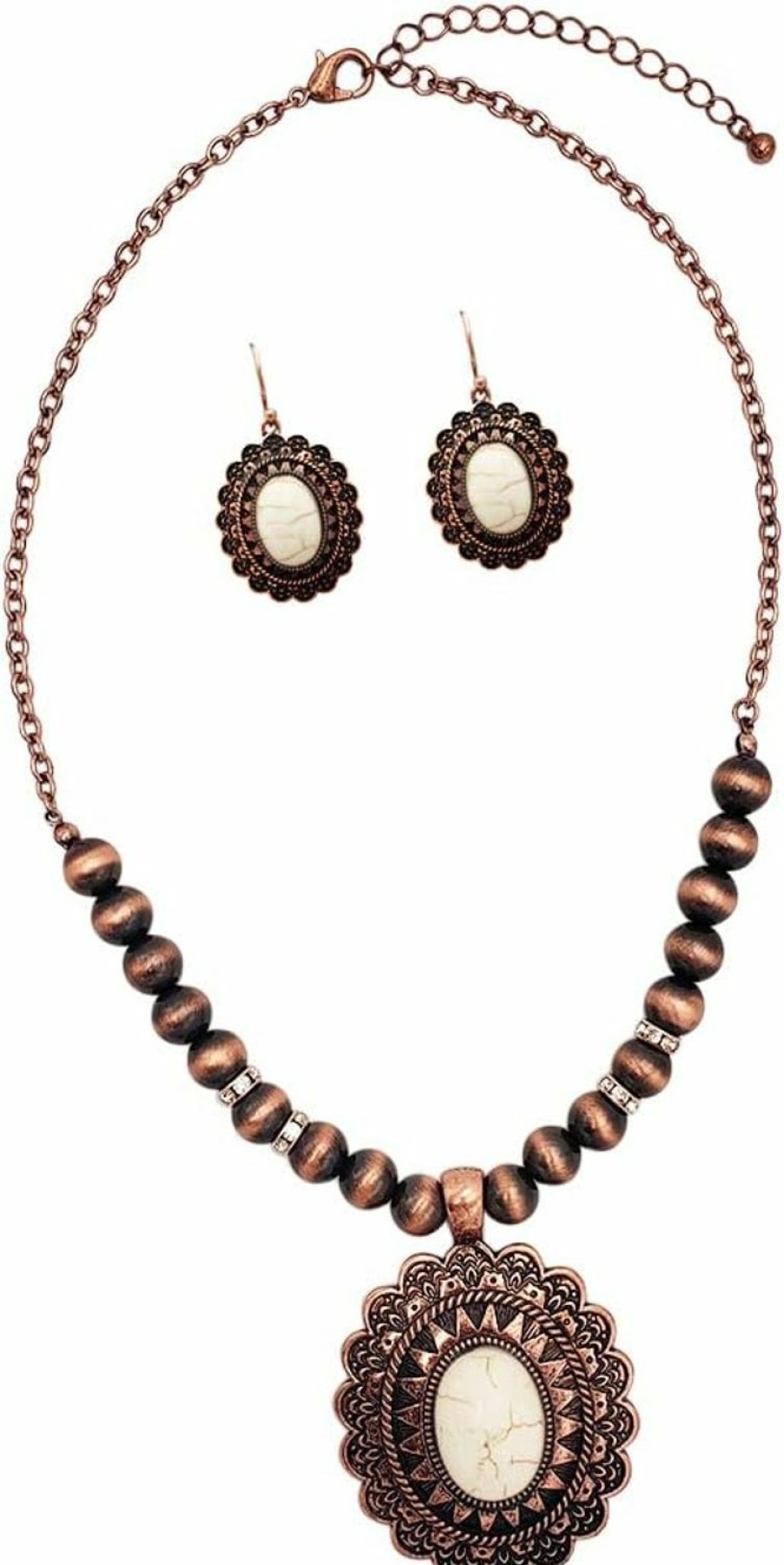 Rosemarie & Jubalee Rosemarie & Jubalee Womens Cowgirl Chic Western Style Statement Concho Howlite Stone Pendant Necklace Earrings Set, 18\"+3\" Extender Jewelry Sets