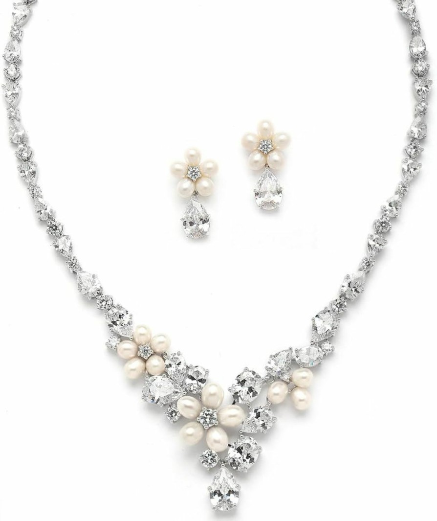 Mariell Mariell Cultured Freshwater Pearls & Cz Wedding Necklace And Earrings Set For Brides - Rhodium Plated Jewelry Sets