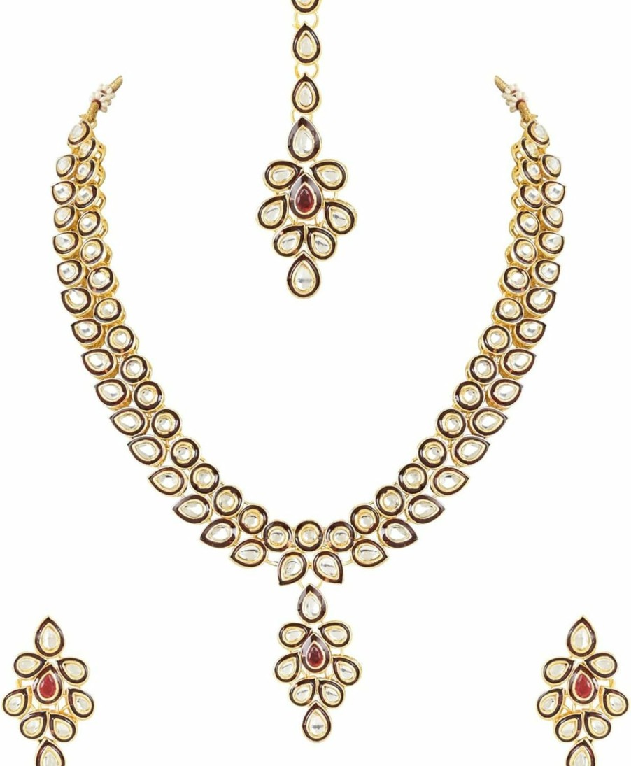 I Jewels I Jewels Indian Wedding Bollywood Gold Plated Traditional Maroon Meenakari Handcrafted Kundan Necklace With Dangle Earrings & Maang Tikka Jewellery Set For Women/Girls (Ij356) Jewelry Sets