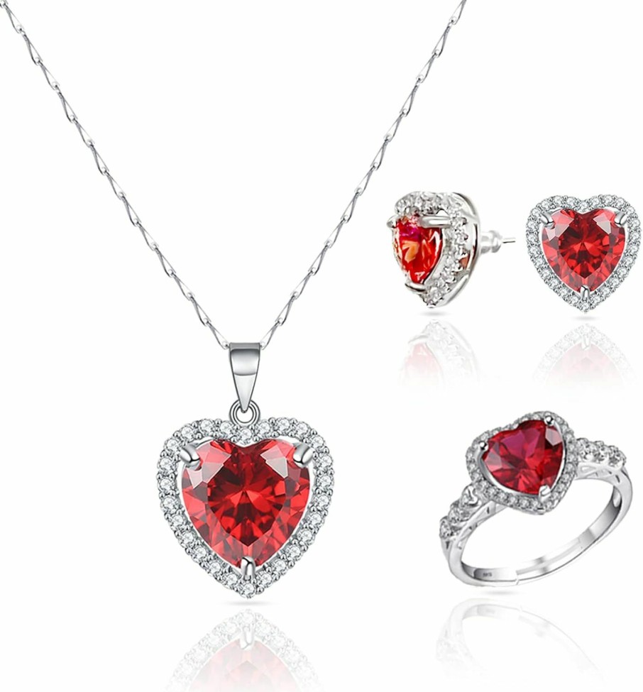 AEQBBQRE Aeqbbqre Women Red Jewelry Sets Red Heart Necklace Earrings And Ring Sterling Silver Birthday Valentine Love Gifts For Wife Jewelry Sets