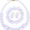 Halawly Halawly White Beads Necklace, Acrylic Costume Jewelry For Women Girls Chunky Statement Strand Necklaces With Bracelet Dangle Earrings, Big African Beaded Necklace Jewelry Sets