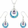 Beaux Bijoux Beaux Bijoux Sterling Silver Created Opal & Cz Teardrop Earrings And Pendant Set With 18\" Chain Jewelry Sets