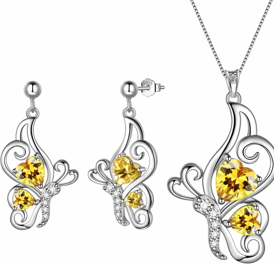 Aurora Tears Butterfly Heart Jewellery Sets - Women 925 Sterling Silver Animal Butterflies Birthstone Necklace Earring Bracelet Set Crystal Wedding Birthday Jewelry Jewelry Sets