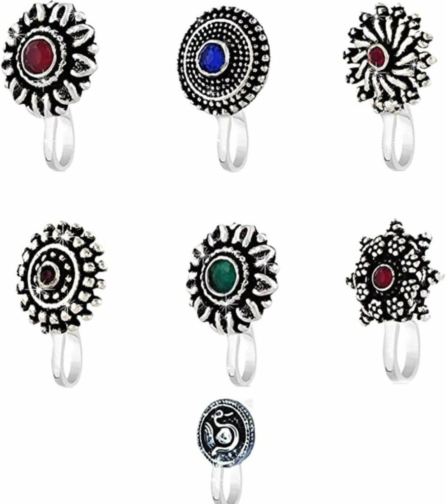 Yellow Chimes Yellow Chimes Antique Silver Oxidized 7 Pcs Combo Set Ethnic Indian Traditional Non-Piercing Nose Pin Jewelry Variation Jewelry Sets