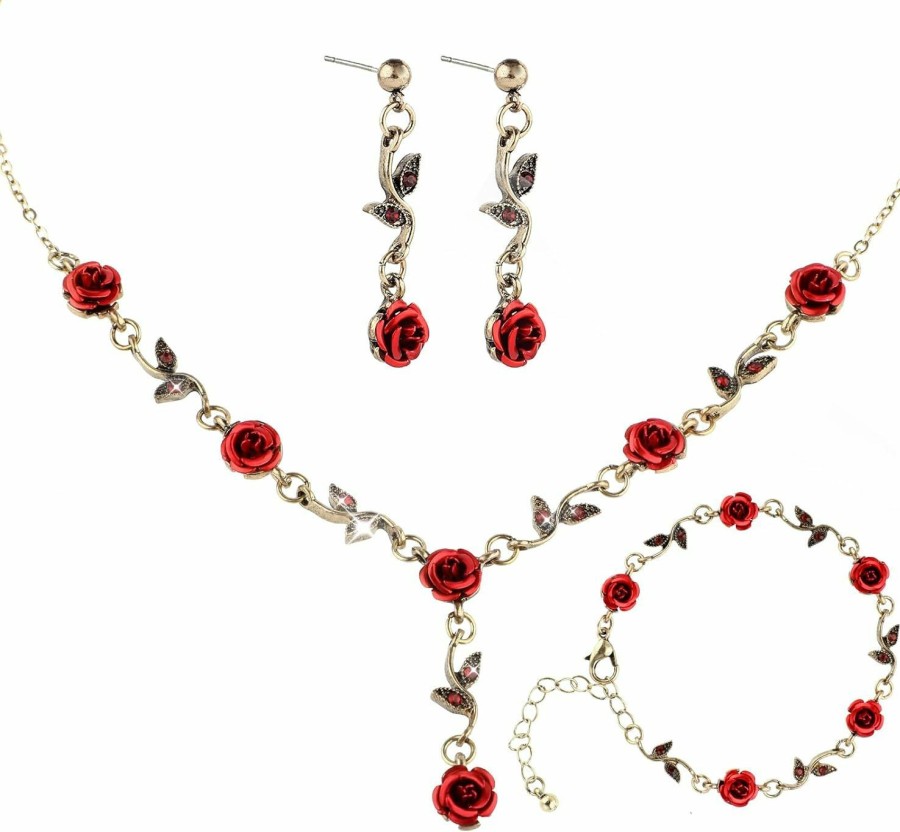 Yolev Yolev 3Pcs Set Red Rose Jewelry - Rose Flower Pendant Necklace, Bracelet Dangle Earrings.Bracelet Flower Jewelry Dangle Earrings Set For Valentine'S Day Mother'S Day Gifts Wedding Gifts Jewelry Sets