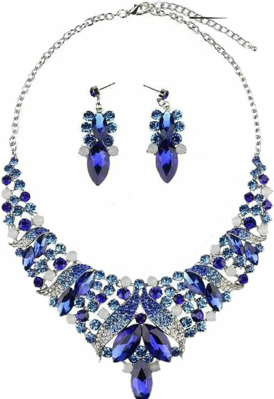 Qlavoca Qlavoca Rhinestone Crystal Rib Statement Necklace Earrings Charming Spark Chunky Collar Necklace Earrings Set Women Fashion Jewelry Accessories (Royal Blue) Jewelry Sets