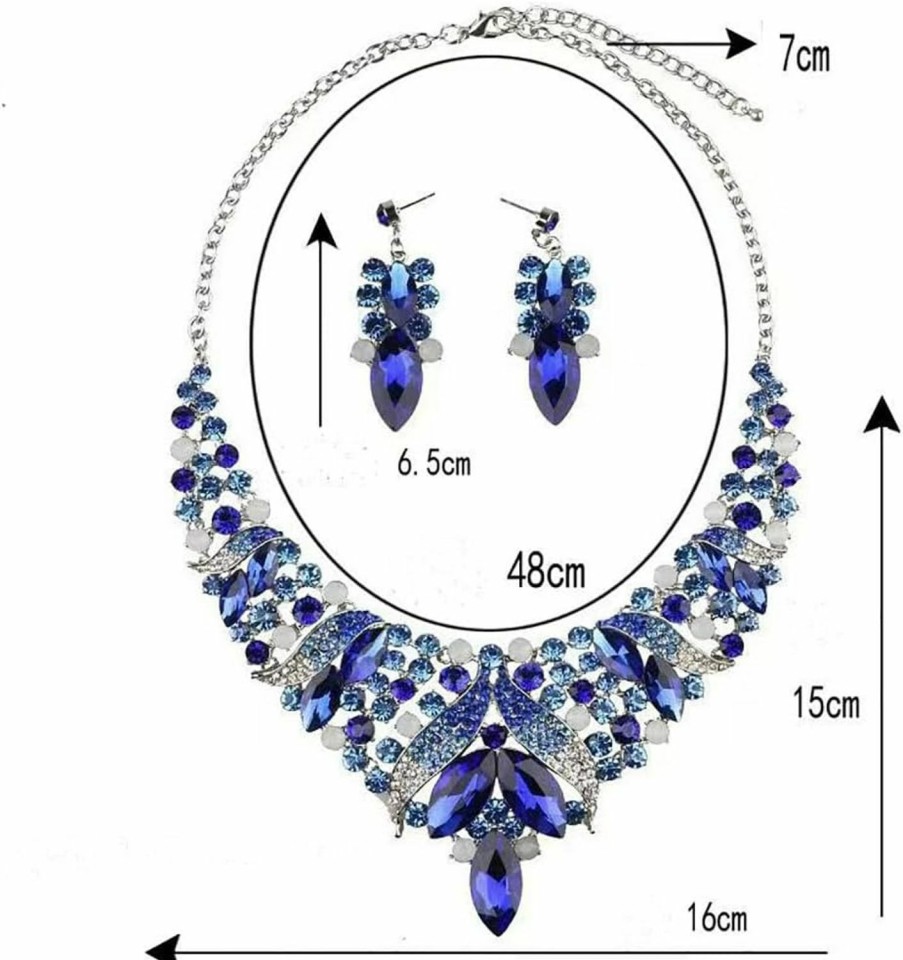 Qlavoca Qlavoca Rhinestone Crystal Rib Statement Necklace Earrings Charming Spark Chunky Collar Necklace Earrings Set Women Fashion Jewelry Accessories (Royal Blue) Jewelry Sets