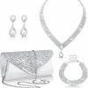 Tiamon Tiamon 4 Pcs Women Rhinestone Jewelry Sets For Women Wedding Jewelry Set Rhinestone Earrings Necklace Bracelet Evening Bag Handbag Clutch Purses For Women Evening Party, Silver Jewelry Sets