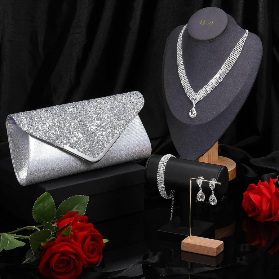 Tiamon Tiamon 4 Pcs Women Rhinestone Jewelry Sets For Women Wedding Jewelry Set Rhinestone Earrings Necklace Bracelet Evening Bag Handbag Clutch Purses For Women Evening Party, Silver Jewelry Sets