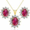 Gem Stone King Gem Stone King 18K Yellow Gold Plated Silver Red Created Ruby Pendant And Earrings Jewelry Set For Women (3.55 Cttw, Gemstone July Birthstone, Oval 8X6Mm And 7X5Mm, With 18 Inch Silver Chain) Jewelry Sets