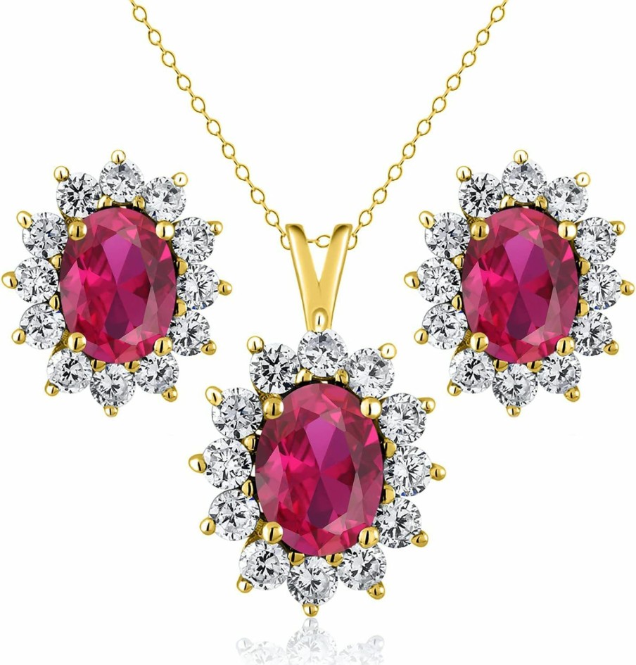 Gem Stone King Gem Stone King 18K Yellow Gold Plated Silver Red Created Ruby Pendant And Earrings Jewelry Set For Women (3.55 Cttw, Gemstone July Birthstone, Oval 8X6Mm And 7X5Mm, With 18 Inch Silver Chain) Jewelry Sets