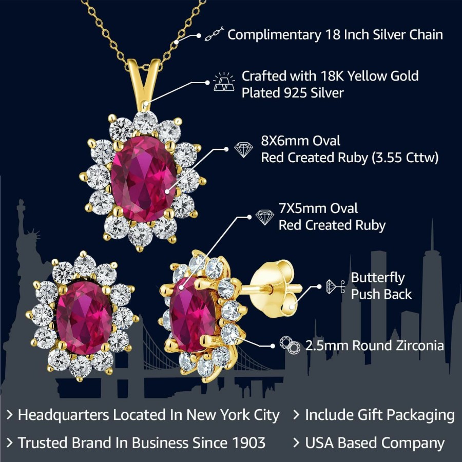 Gem Stone King Gem Stone King 18K Yellow Gold Plated Silver Red Created Ruby Pendant And Earrings Jewelry Set For Women (3.55 Cttw, Gemstone July Birthstone, Oval 8X6Mm And 7X5Mm, With 18 Inch Silver Chain) Jewelry Sets