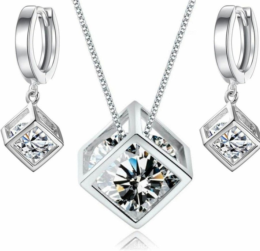 Crystalline Azuria Crystalline Azuria White Zirconia Crystals Cube Set Pendant Necklace 18 Inches Dangle Earrings 18K White Gold Plated Jewelry Sets