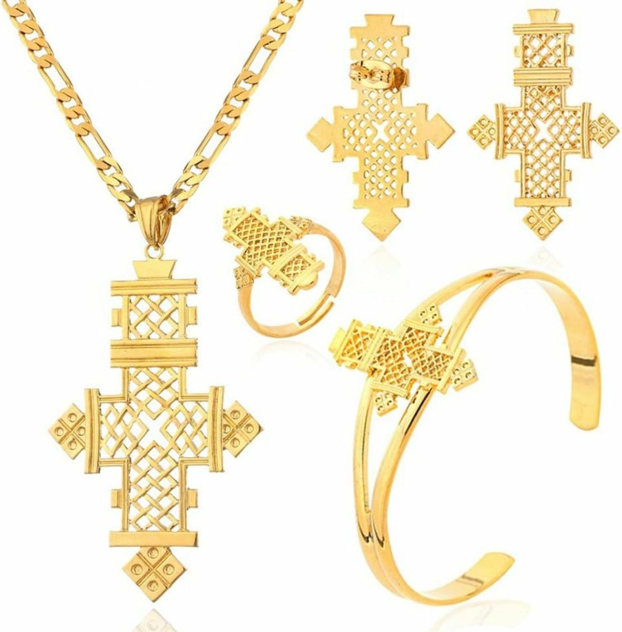 Ethlyn Ethiopian Cross Jewelry Sets Gold Color Wedding Party Sets For Ethiopian & Eritrean Women Jewelry Sets