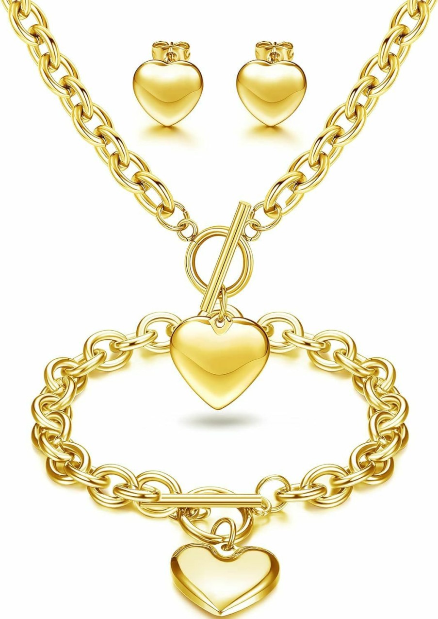 LOYALLOOK Loyallook 3Sets Heart Pendant Necklace Toggle Chain Heart Bracelet Heart Stud Earrings For Women Stainless Steel Charm Love Heart Jewelry Set For Halloween Jewelry Sets