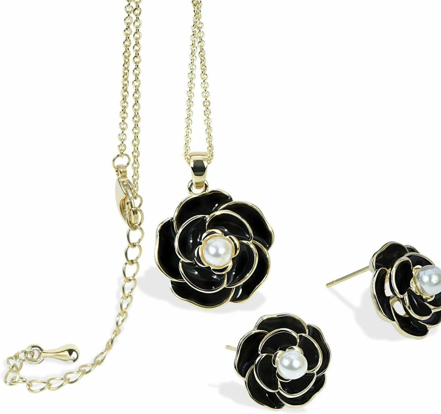 Fenni Jewelry Fenni Jewelry Enamel Pearl Camellia Flower Necklace Earrings Set For Women Rose Charm Pendant Necklace Sterling Silver Earrings Jewelry Sets