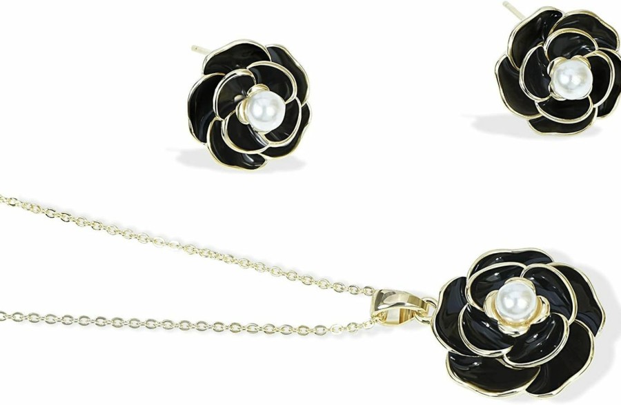 Fenni Jewelry Fenni Jewelry Enamel Pearl Camellia Flower Necklace Earrings Set For Women Rose Charm Pendant Necklace Sterling Silver Earrings Jewelry Sets