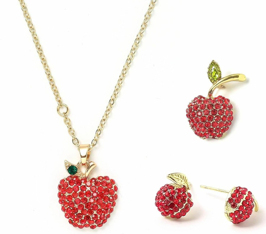 Generic Fabmode Apple Jewelry Set For Women Rhinestone Red Apple Necklace Earring Studs Brooch Pin Fruit Theme Accessories Prefect Gifts For Mother Teacher Retirement Back School Jewelry Sets