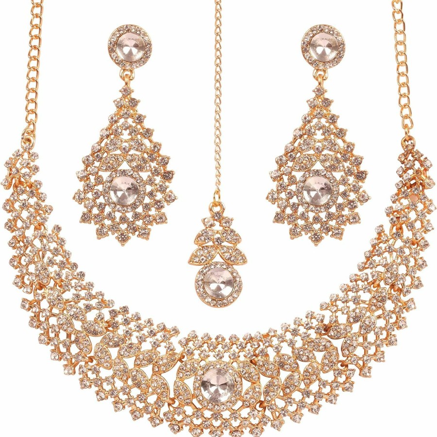 Sunsoul Touchstone Hollywood Glamour Diamond Look Rhinestone Crystal Grand Bridal Designer Jewelry Hasli Necklace Set In Gold Or Silver Tone For Women. Jewelry Sets