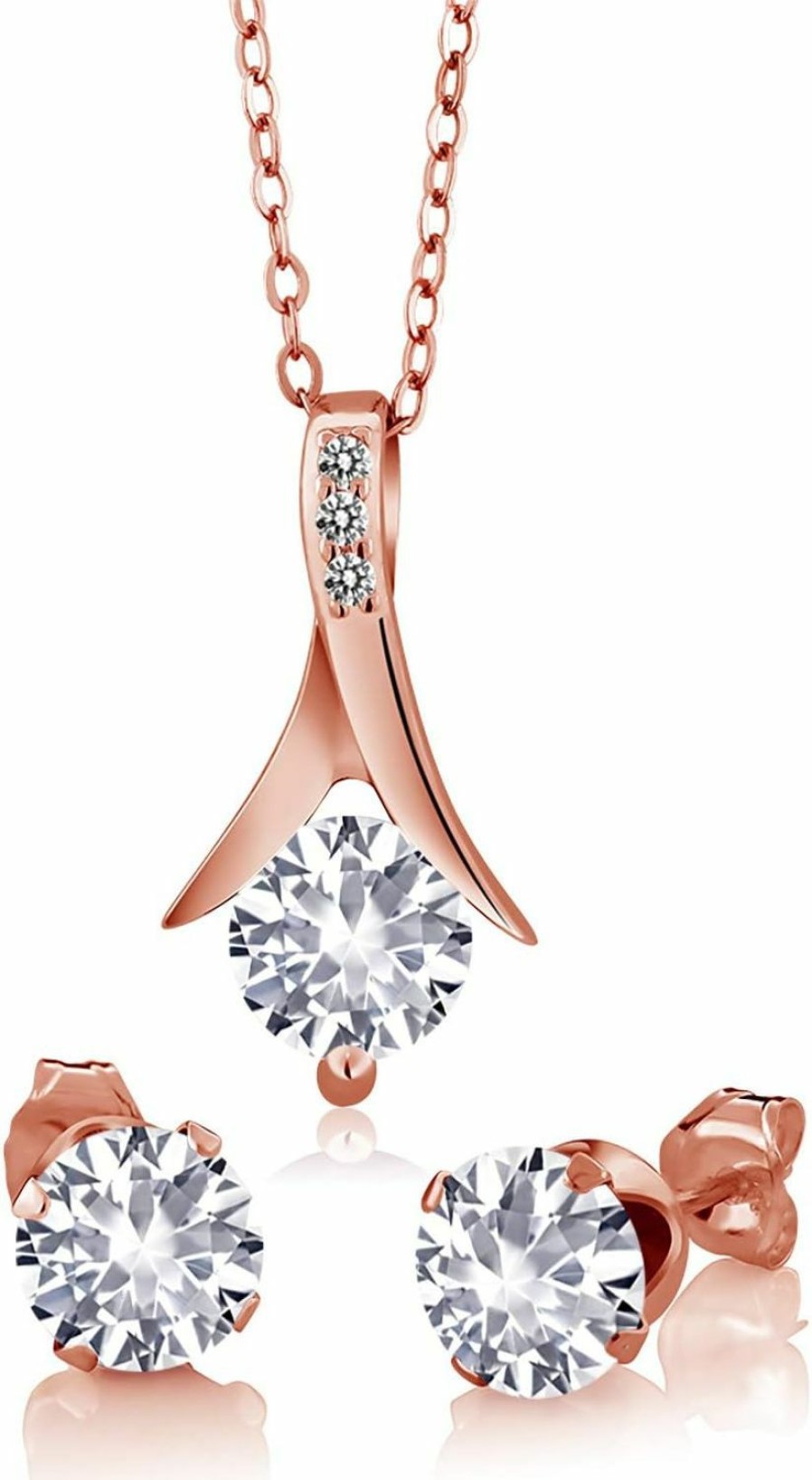 Gem Stone King Gem Stone King 18K Rose Gold Plated Silver White Created Sapphire And White Diamond Jewelry Set For Women (3.65 Cttw, With 18 Inch Chain) Jewelry Sets