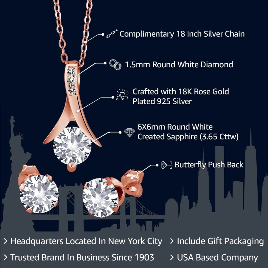 Gem Stone King Gem Stone King 18K Rose Gold Plated Silver White Created Sapphire And White Diamond Jewelry Set For Women (3.65 Cttw, With 18 Inch Chain) Jewelry Sets