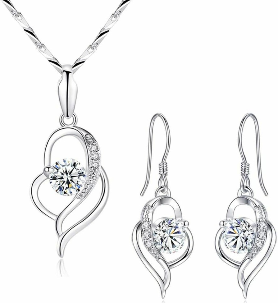 Hadskiss Hadskiss Silver Jewellery Set For Women, 925 Sterling Silver Heart Dangle Drop Earrings & 45Cm Necklace Pendant Set, With White Aaa Cubic Zirconia, Allergy Free Jewellery For Mother Wife Girlfriend Jewelry Sets