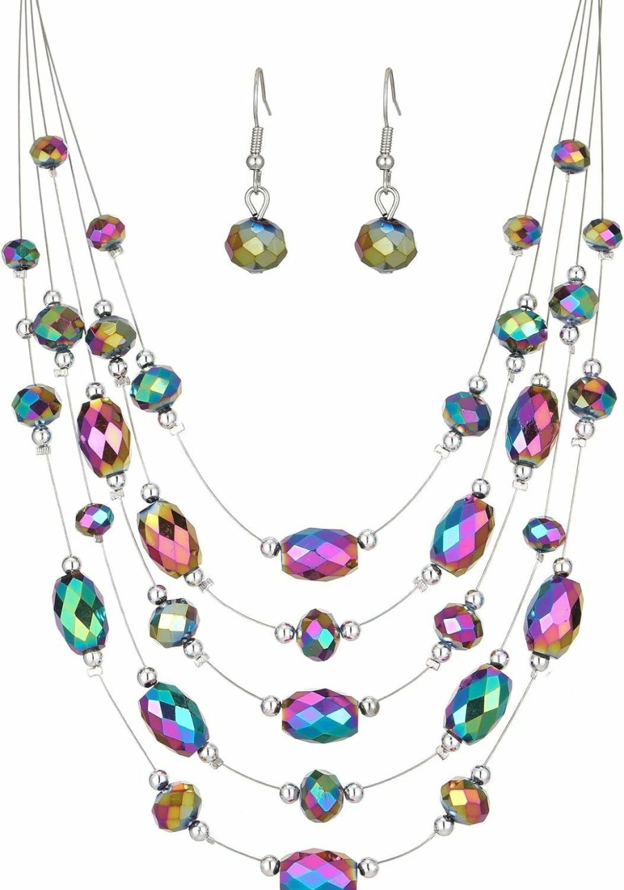 Errally Crystal Beaded Statement Necklace For Women Boho Colorful Multi-Strand Necklace And Earring Sets For Women Fashion Jewelry Gifts For Mom Jewelry Sets