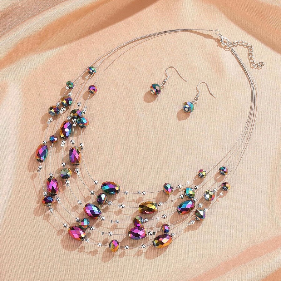 Errally Crystal Beaded Statement Necklace For Women Boho Colorful Multi-Strand Necklace And Earring Sets For Women Fashion Jewelry Gifts For Mom Jewelry Sets