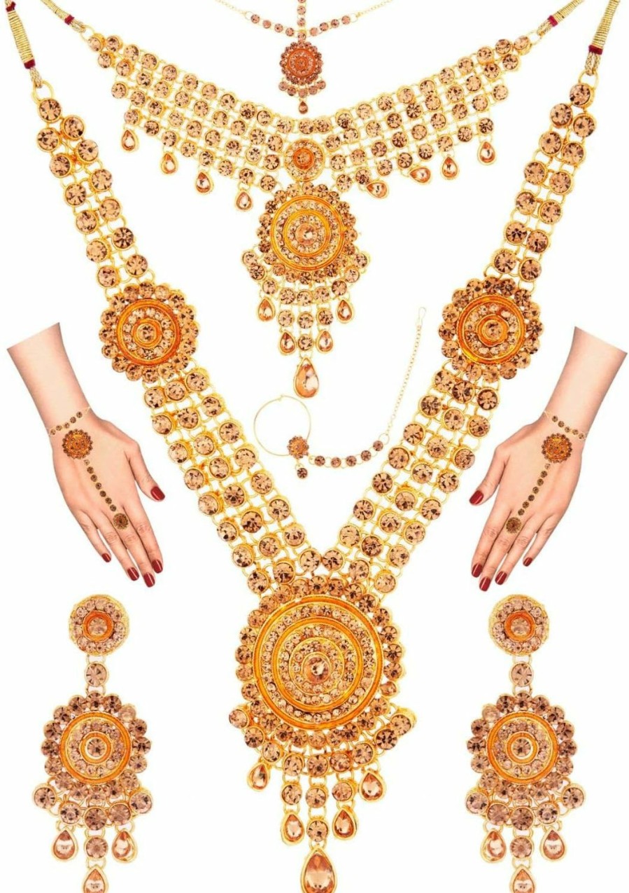 Amazon Efulgenz Indian Bollywood Bridal Wedding Kundan Crystal Necklace Earring Maang Tikka Head Chain Nose Ring Bracelet Jewelry Set Jewelry Sets