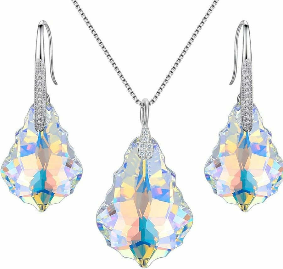 EleQueen Elequeen 925 Sterling Silver Cz Baroque Drop Pendant Necklace Dangle Earrings Set Made With Austrian Crystal, Valentine'S Day/Mother'S Day/Christmas Jewelry Gift For Girlfriend/Mom Jewelry Sets