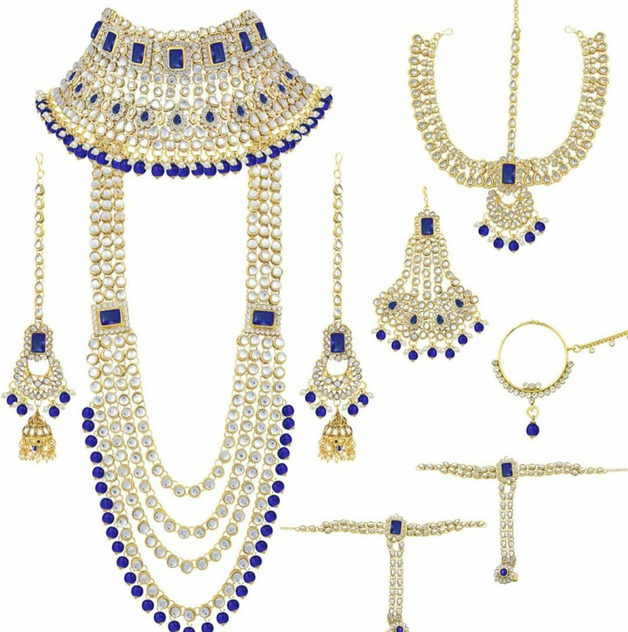 Aheli Aheli Traditional Wedding Indian Heavy Bridal Jewelry Set Long Choker Necklace Earrings Maang Tikka Nath Paasa Hath Phool In Faux Kundan Beads Jewelry Sets