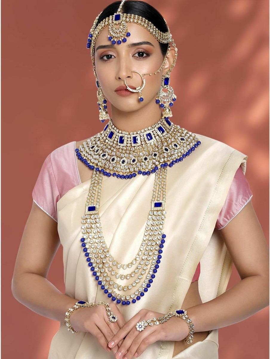 Aheli Aheli Traditional Wedding Indian Heavy Bridal Jewelry Set Long Choker Necklace Earrings Maang Tikka Nath Paasa Hath Phool In Faux Kundan Beads Jewelry Sets