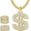 FIBO STEEL Fibo Steel Hip Hop 18K Gold Plated Pendant Chain Necklaces And Rings Set For Men Women Rapper Costume Money Dollar Sign Necklace 80S 90S Party Jewelry Jewelry Sets