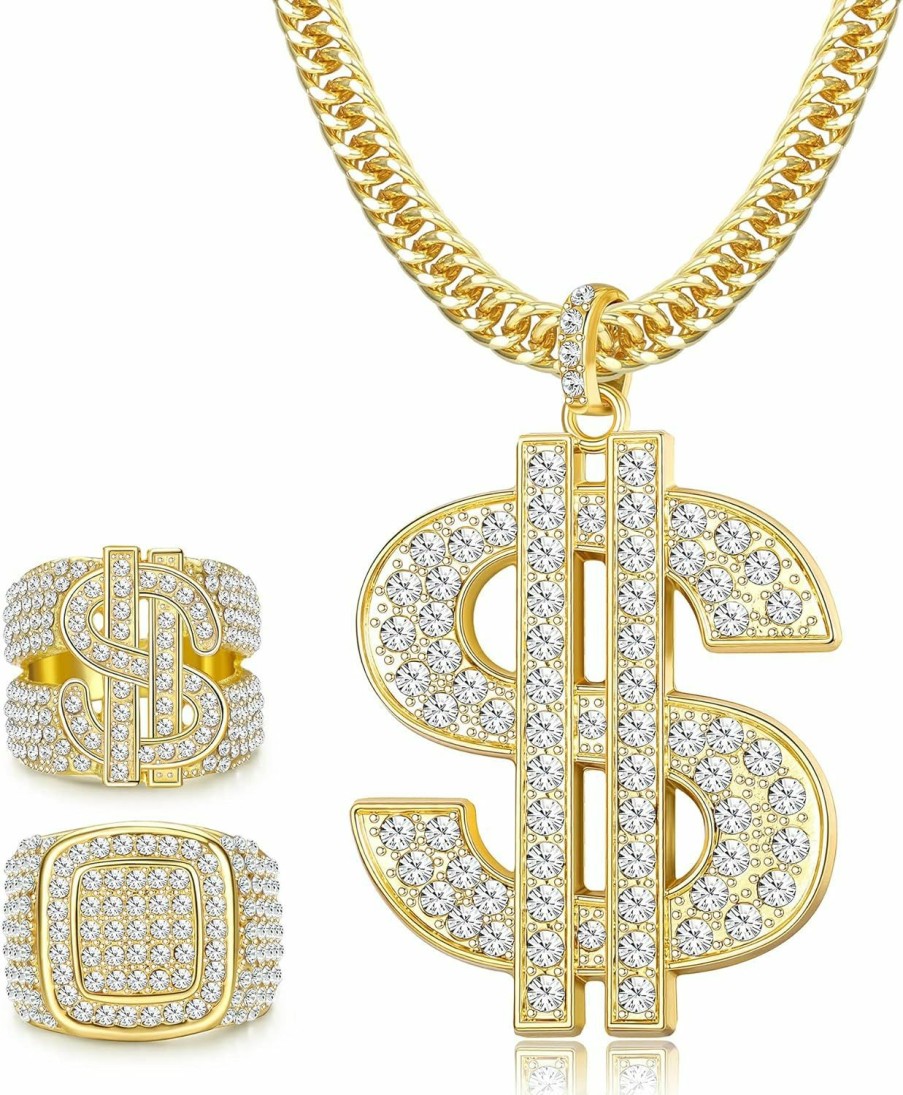 FIBO STEEL Fibo Steel Hip Hop 18K Gold Plated Pendant Chain Necklaces And Rings Set For Men Women Rapper Costume Money Dollar Sign Necklace 80S 90S Party Jewelry Jewelry Sets