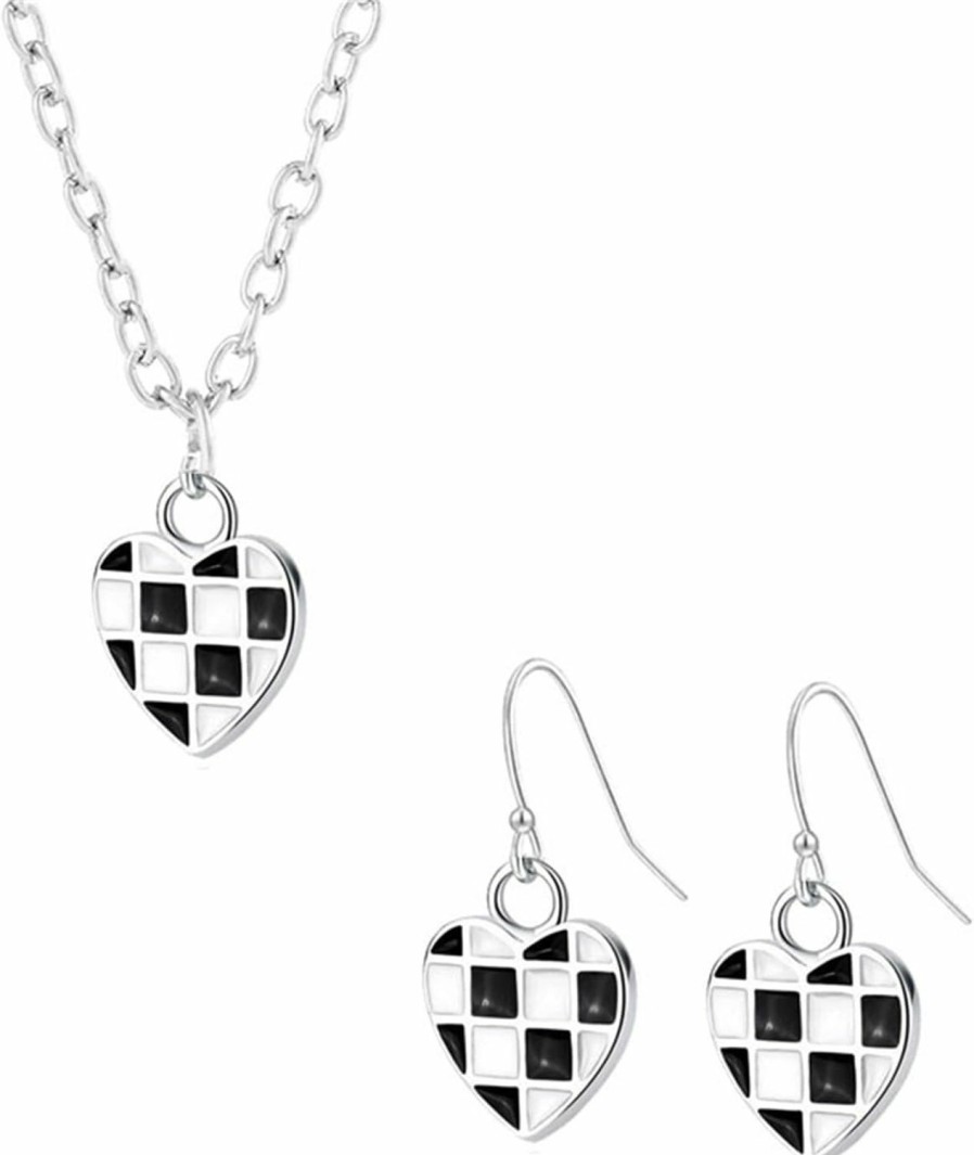 Dreuyet Checkered Earrings And Necklace Sets For Women Girls Fashion Elegant Vintage Black White Heart Striped Dangle Drop Earrings Heart Geometric Plaid Pendant Necklace Minimalist Statement Jewelry Gifts Jewelry Sets