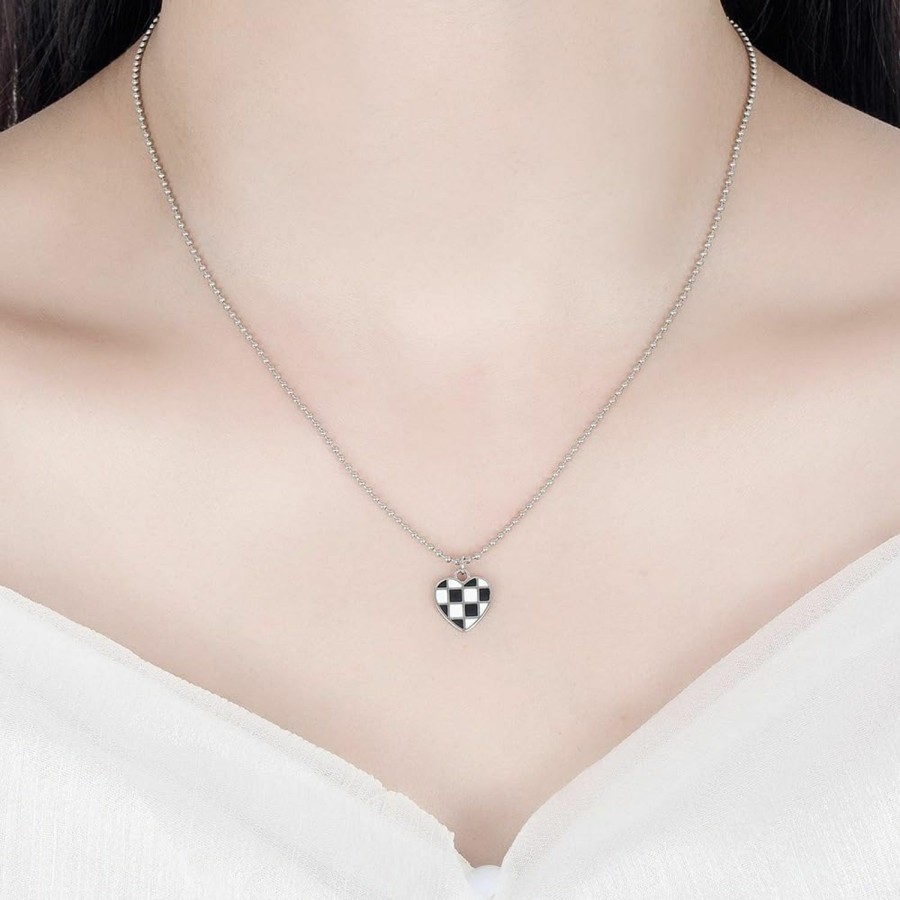 Dreuyet Checkered Earrings And Necklace Sets For Women Girls Fashion Elegant Vintage Black White Heart Striped Dangle Drop Earrings Heart Geometric Plaid Pendant Necklace Minimalist Statement Jewelry Gifts Jewelry Sets