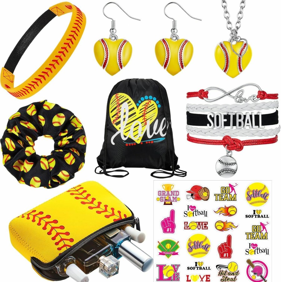 MTLEE Mtlee 127 Pcs Softball Gifts For Girl Accessories Set Softball Headband Scrunchies Softball Bracelet Necklace Earrings Softball Drawstring Bag Makeup Bag Sports And 120 Pcs Stickers For Women Costume Jewelry Sets