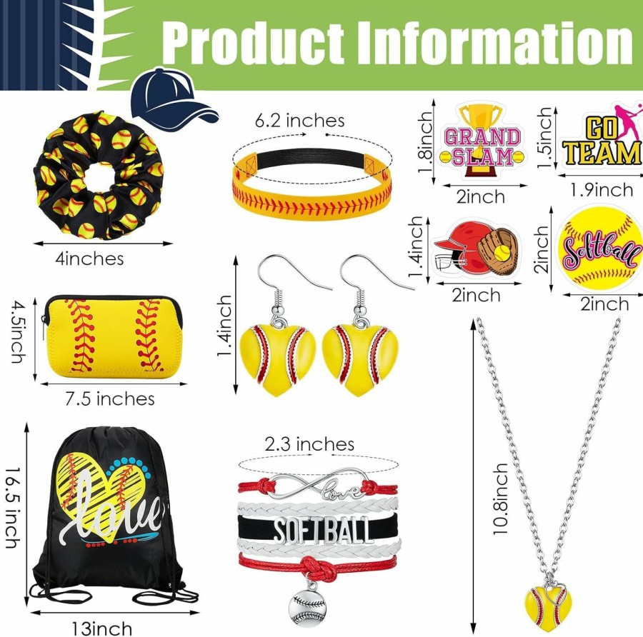 MTLEE Mtlee 127 Pcs Softball Gifts For Girl Accessories Set Softball Headband Scrunchies Softball Bracelet Necklace Earrings Softball Drawstring Bag Makeup Bag Sports And 120 Pcs Stickers For Women Costume Jewelry Sets