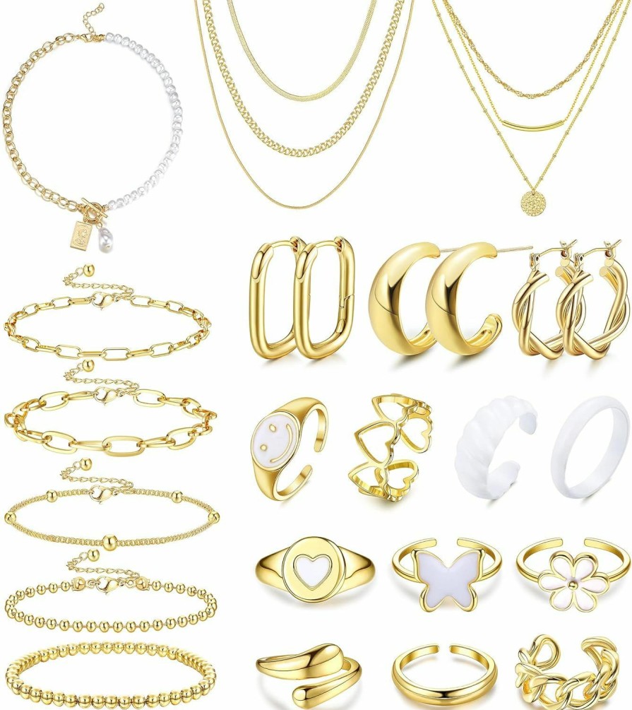 Jstyle Jstyle Gold Jewelry Sets For Women Girls, Gold Layered Necklaces And Pearl Chorker Necklace, Dainty Gold Silver Link Paperclip Chian Bracelets Set,Y2K Preppy Jewelry Stackable Joint Finger Rings And Gold Hoop Earrings Set Fashion Jewelry Jewelry Sets