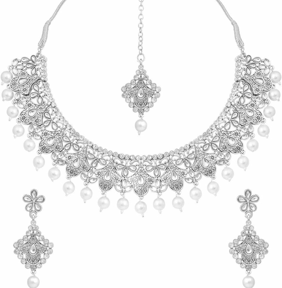 Aheli Aheli Classy Wedding Wear Matte Finish Green Necklace Earrings With Maang Tikka Set Indian Ethnic Jewelry For Women Jewelry Sets