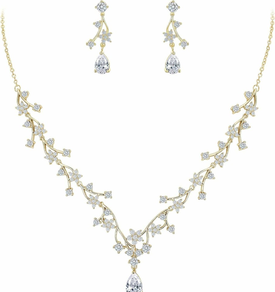 EVER FAITH Ever Faith Gorgeous Wedding Jewelry Set For Bridal White Teardrop Round Cz Flower Cluster Vine Necklace Earrings Set Jewelry Sets