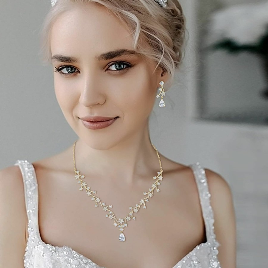 EVER FAITH Ever Faith Gorgeous Wedding Jewelry Set For Bridal White Teardrop Round Cz Flower Cluster Vine Necklace Earrings Set Jewelry Sets