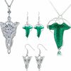 HJYZY Hjyzy 4 Pcs Vintage Green Leaf Elven Earrings Pin Brooch Pendant Chain Necklace Earrings Elven Leaf Aragorn Arwen Evenstar Pendant Necklace Earrings Jewelry Sets