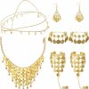 Inbagi Belly Dance Jewelry Set Women Belly Dance Gold Sequins Head Chain Coins Necklace Earrings Bracelets Bohemian Tassel Anklet Chain Hand Ring Bracelet Belly Dance Anklet Coin Veil Necklace Jewelry Sets