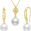 SISGEM Sisgem 14K Gold Diamond Pearl Necklace And 10K Gold Pearl Earrings Set, Fine Jewelry For Her Jewelry Sets