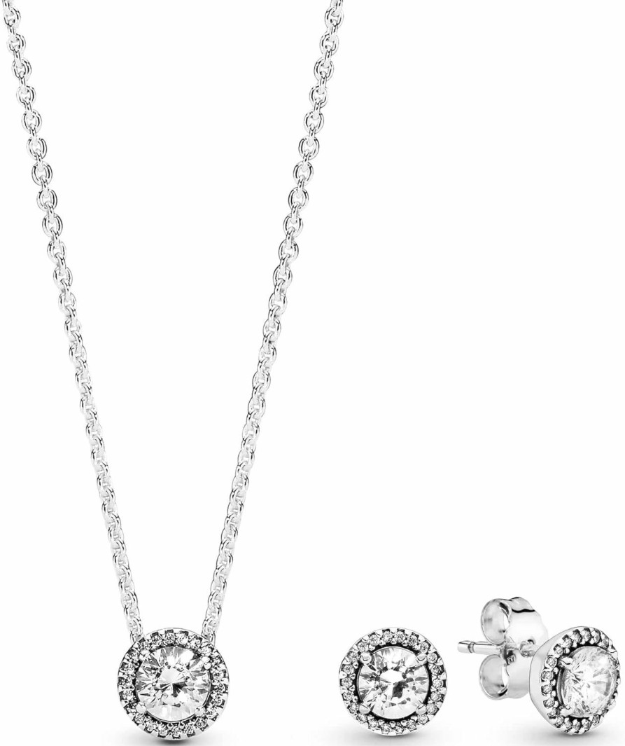 Pandora Pandora Round Sparkle Halo Necklace And Earrings Gift Set - Women'S Sterling Silver Stud Earrings & Pendant Necklace, 45Cm - Jewellery Set With Gift Box Jewelry Sets