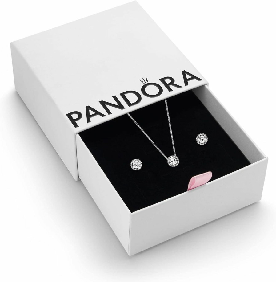 Pandora Pandora Round Sparkle Halo Necklace And Earrings Gift Set - Women'S Sterling Silver Stud Earrings & Pendant Necklace, 45Cm - Jewellery Set With Gift Box Jewelry Sets