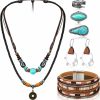 Ecally Ecally Bohemian Western Jewelry Turquoise Set Women Bohemian Pendant Long Choker Layered Bracelets Turquoise Earrings Ring Jewelry Sets