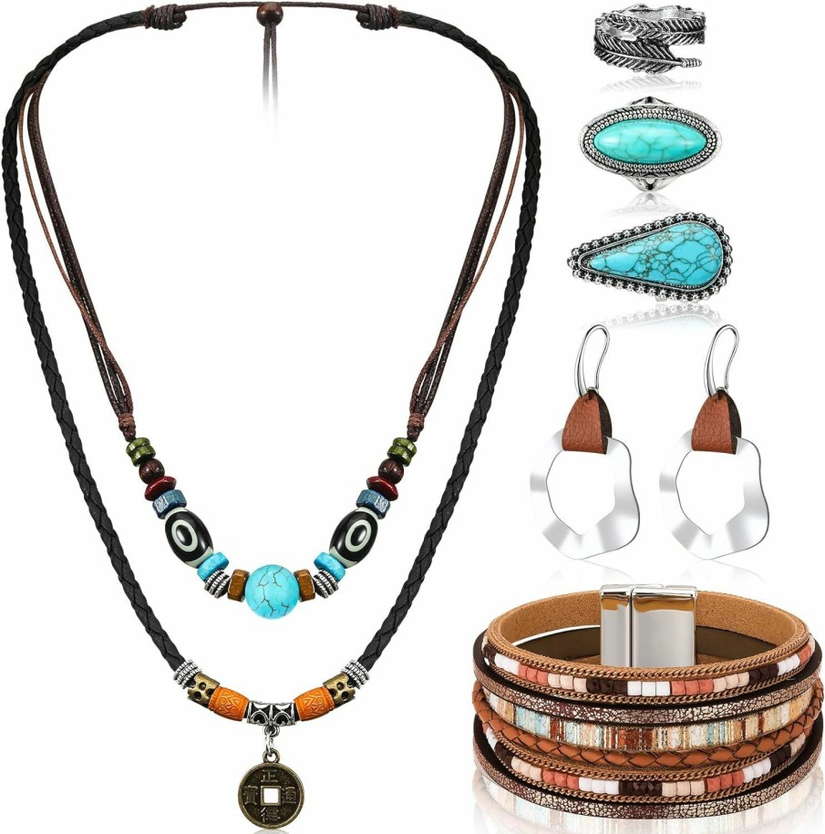 Ecally Ecally Bohemian Western Jewelry Turquoise Set Women Bohemian Pendant Long Choker Layered Bracelets Turquoise Earrings Ring Jewelry Sets