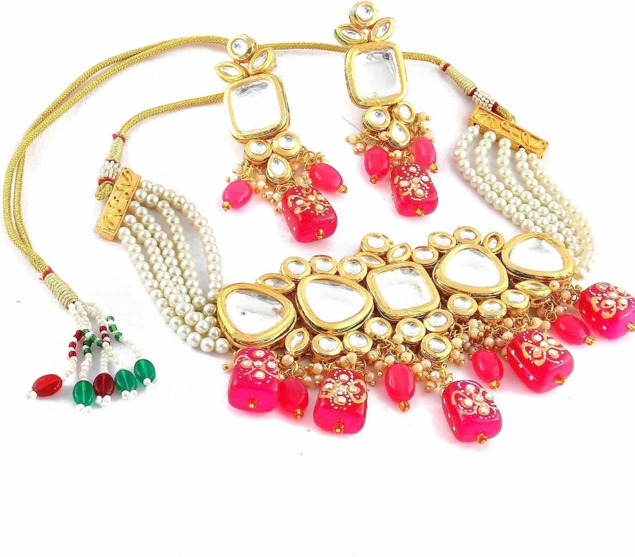 GENERIC Andywars Fashion Kundan Choker Necklace Set With Earrings For Women And Girls, Beads Jewelry, Indian Jewelry Set, Long Earrings, Red Color, Green Color, Pink Color, Blue Color Necklaces Jewelry Sets